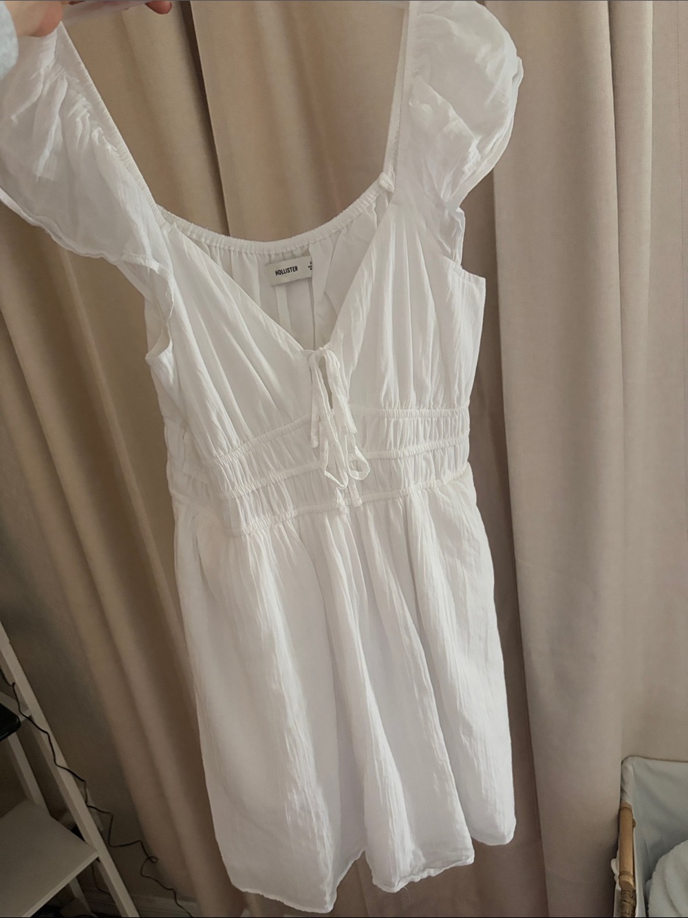 Hollister White Ruffle-Shoulder Mini Dress with shorts underneath